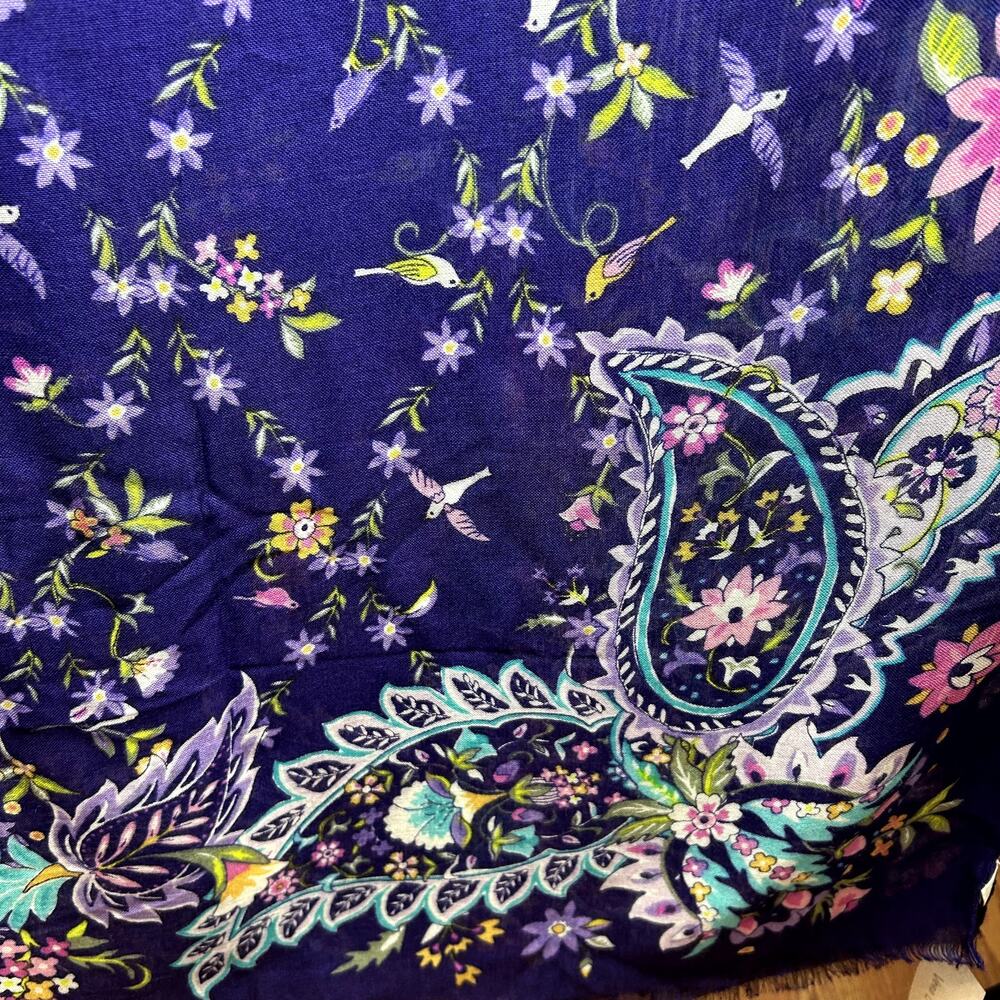 NWT Vera Bradley Purple Paisley Floral Scarf Fringe Rayon Bird Print Lightweight - Picture 7 of 17